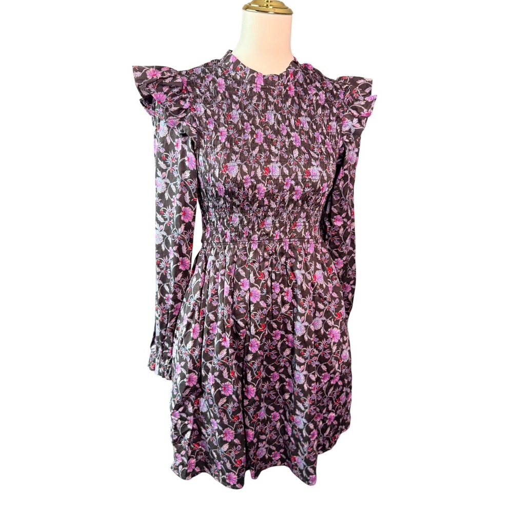 GAP Floral Smocked Mini Dress Women's Small Ruffle Long Sleeve Pockets Cotton
